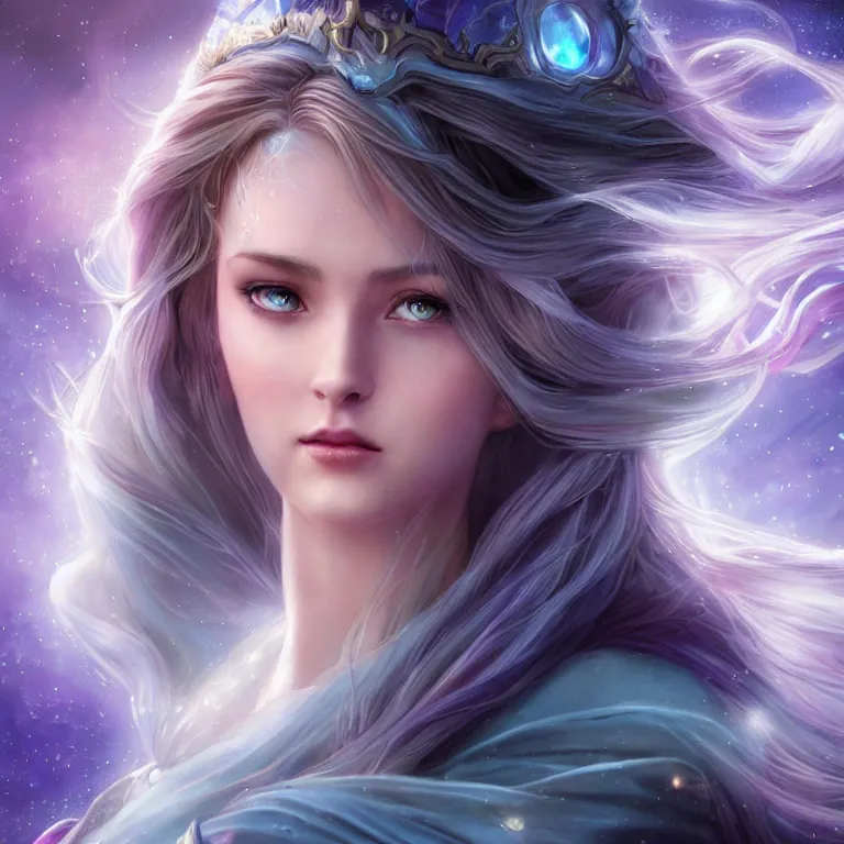 Image similar to beautiful cinematic fantasy poster, a beautiful princess like a disney princess hybrid with flowing illuminated hair, beautiful glowing galaxy eyes, wideshot ultrawide angle epic scale, hybrid from The Elden Ring and art direction by Darius Zawadzki ;by artgerm; wayne reynolds art station; cinematic quality character render; low angle; ultra high quality model; production quality cinema model;