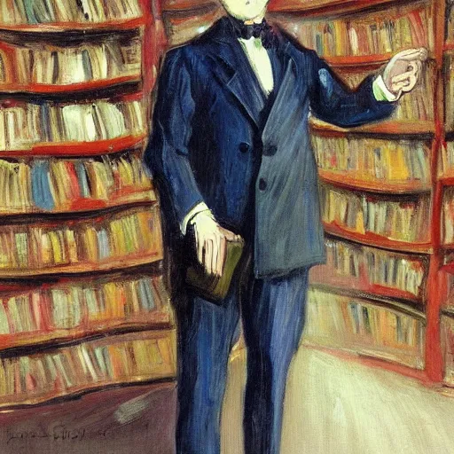 Image similar to a painting of a man in a suit in a city of bookshelves by harriet backer, trending on artstation