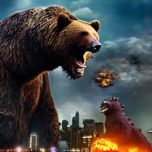 Image similar to a giant angry bear fighting with giant godzilla in the city, photomanipulation, photoshop, digital art, movie poster that says bear vs. godzilla