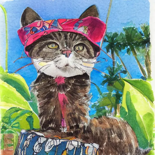 Prompt: a cat wearing a bucket hat and a hawaii shirt, children\'s book watercolor illustration