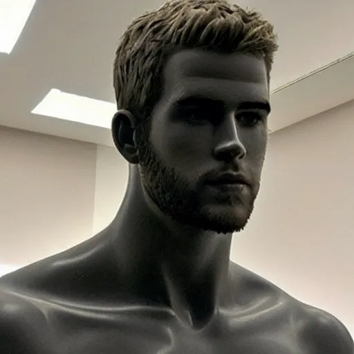 Image similar to “ a realistic detailed photo of a guy who is an attractive humanoid who is half robot and half humanoid, who is a male android, actor liam hemsworth, shiny skin, posing like a statue, blank stare, at the museum, on display ”