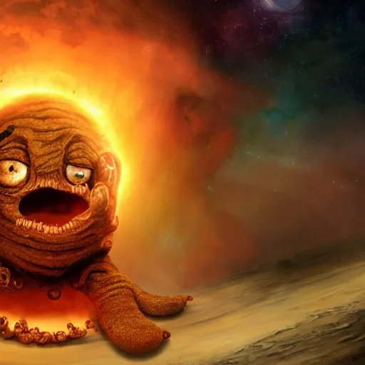 Prompt: one eldritch horror bloody garfield in space, galaxy, hd, 8 k, giant, epic, realistic photo, unreal engine, stars, prophecy, powerful, cinematic lighting, destroyed planet, debris, violent, sinister, ray tracing, dynamic, print, epic composition, dark, horrific, teeth, grotesque, scary, monochrome drawing