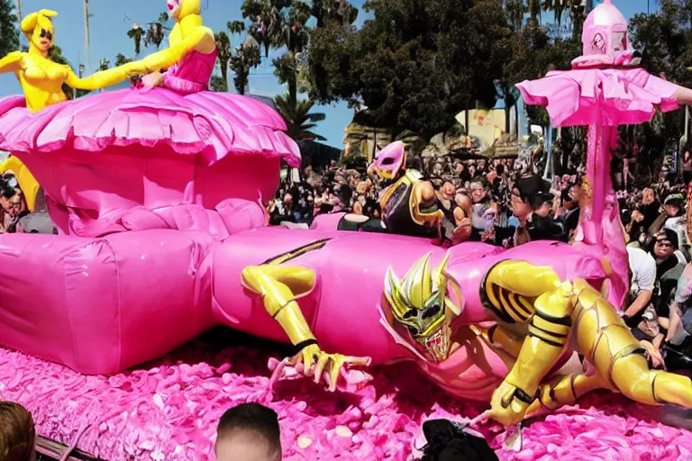 Image similar to Angelyne fights Scorpion from Mortal Kombat on a float at the Rose Parade, painted by mark ryden,