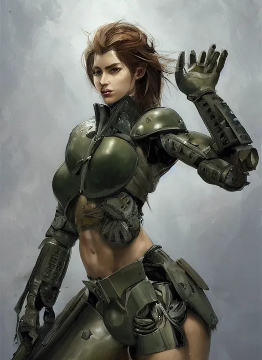 Image similar to a professionally painting of an attractive young female, partially dressed in military armor, olive skin, long dark hair, beautiful bone structure, perfectly proportioned, symmetrical facial features, intricate, elegant, heroic pose, digital painting, concept art, illustration, sketch-like, sharp focus, finely detailed, from Metal Gear, by Ruan Jia and Mandy Jurgens and William-Adolphe Bouguerea, trending on Artstation, award winning