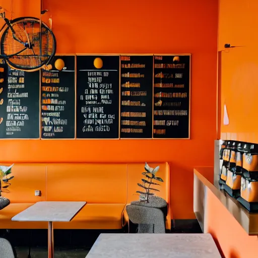 Image similar to a modern coffee shop interior, with orange walls, the entire coffee shop is designed after foxes, realistic photo