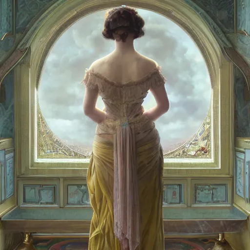 Prompt: a very detailed portrait painting of Vesper Lynd, a very detailed french room, a very detailed dramatic sky, light particles, environment drawn by Donato Giancola and Tom Bagshaw, Edmund Leighton, character design by Alphonse Mucha, 4k, volumetric lighting, komorebi, award winning, octane render, hyperrealistic