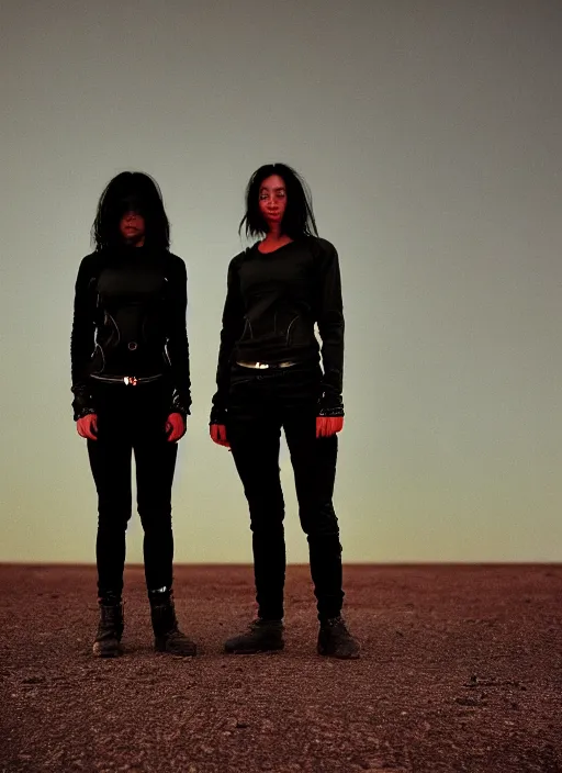 Image similar to cinestill 5 0 d photographic portrait of two loving female androids wearing rugged black techwear on a desolate plain with a red sky, extreme closeup, lizard on ground, cyberpunk style, in front of a brutalist dark metal facility, dust storm, 3 5 mm, 8 k, hd, high resolution, f / 3 2, ultra realistic faces