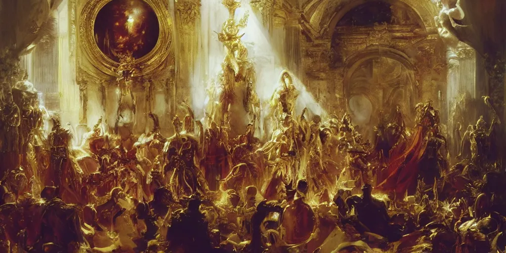 Image similar to beautiful oil painting, high details, alien in royal crimson robes enthroned as the alien god emperor of ancient civilization surrounded by servants in gilded halls a golden wreath upon his head, by anders zorn, wonderful masterpiece by greg rutkowski, beautiful cinematic light, american romanticism, by thomas lawrence, greg rutkowski