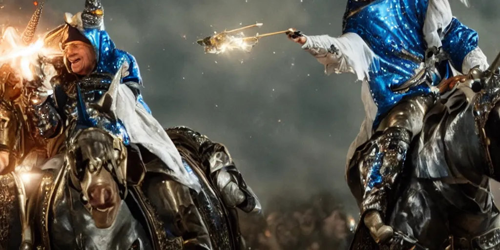 Prompt: stephen hawking jousting on a sparkly unicorn the last knight cinematic