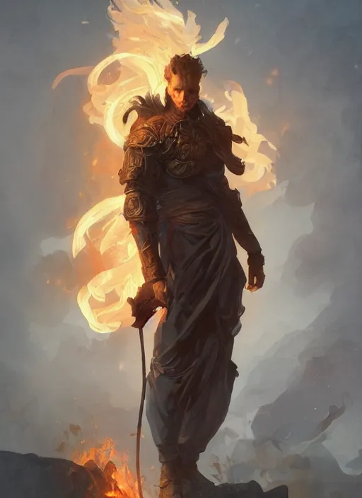 Prompt: a man made of fire and smoke, male, full body view, beautiful high quality realistic fantasy art, trending on artstation by artgerm and greg rutkowski and alphonse mucha