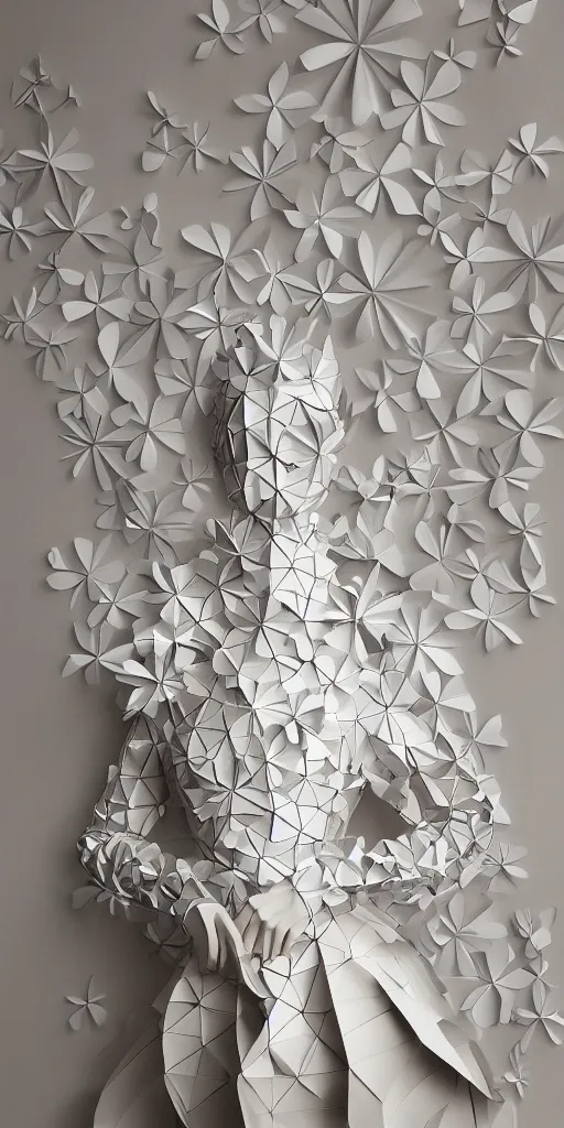 Image similar to portrait of a beautiful ceramic model wearing sakura ( ( origami themed paper flower ) ) and metallic shapes haute couture by issey miyake