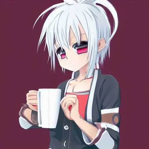 Image similar to white hair, red eyes, two small horn on the head, anime style, anime girl holding a cup of coffee