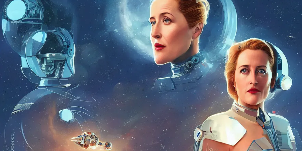 Image similar to Young Gillian Anderson as a stunning , beautiful retro SCI-FI space heroine 1985 , movie poster, intricate, elegant, highly detailed, centered, digital painting, trending on artstation, concept art, smooth, sharp focus, illustration, art by raphael lacoste ,eddie mendoza ,alex ross, WLOP