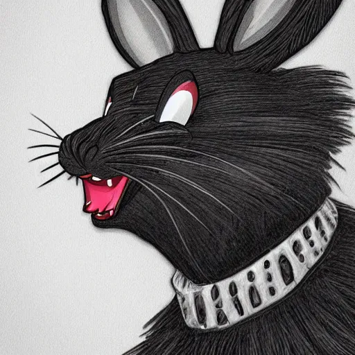 Prompt: A extremely highly detailed majestic hi-res beautiful, highly detailed head and shoulders portrait of a scary terrifying, horrifying, creepy crazy black cartoon rabbit with scary big eyes, earing a shirt laughing maniacally , let's be friends, in the style of Walt Disney