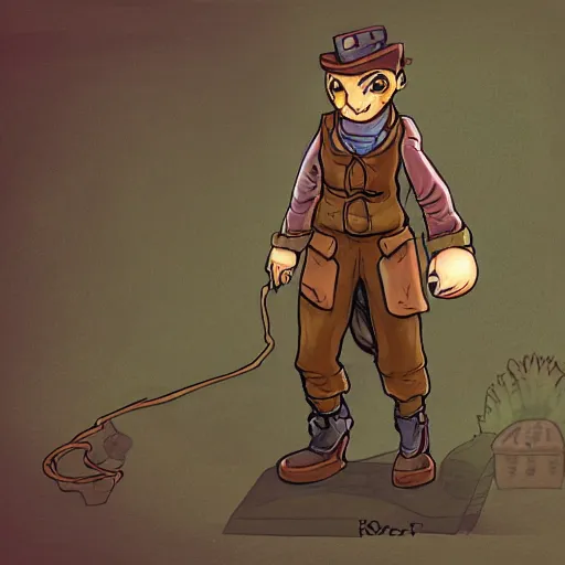 Prompt: concept art of the main character of a platformer game, located in a magical forest with steampunk machines abandoned. The main character is humanoid and uses a rope to move around. digital drawing, procreate, Low saturation, brown tones, character design