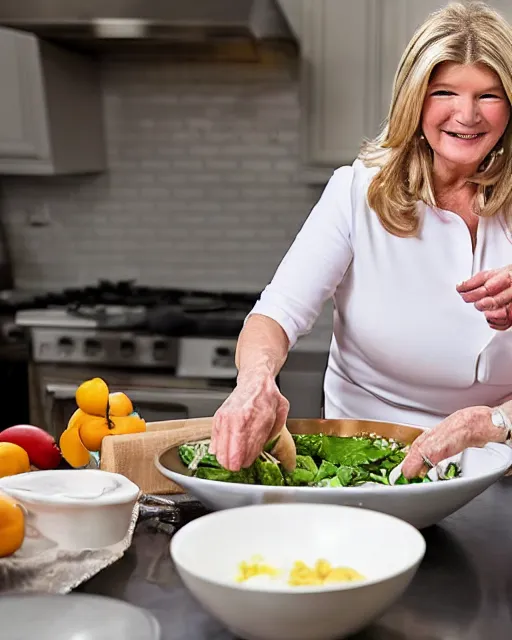 Image similar to wide shot photoshoot of martha stewart preparing a meal for her friend snoop dogg, 8 k, photorealistic