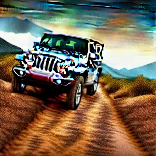 Prompt: Jeep, Off-roading, Mountain landscape, dirt, road, cinematic color, photorealistic, highly detailed wheels, highly detailed