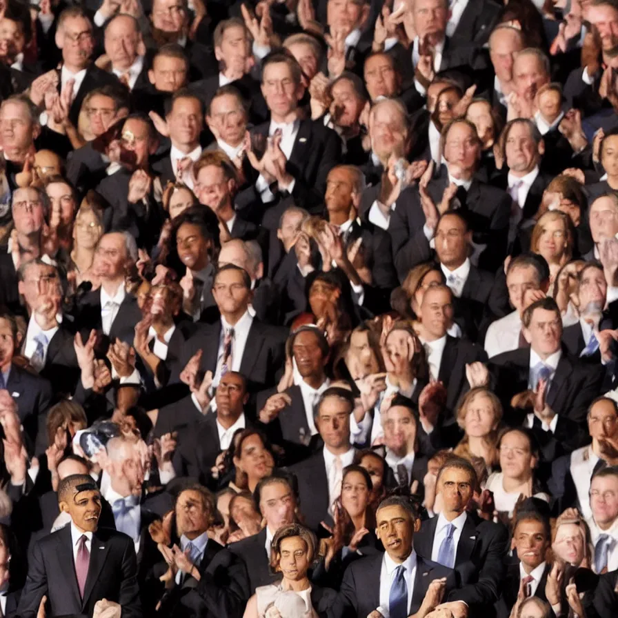 Prompt: award - winning photograph of a crowd of barack obamas staring at the camera with a very muted expression, professional picture, eerie, very highly detailed, cinematic lighting, photo, sharp, clear