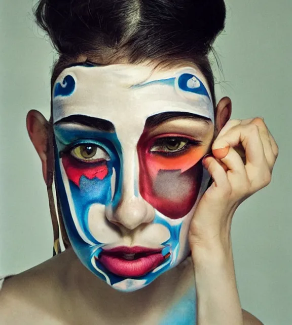 Prompt: A high-quality photorealistic face-centered portrait of a beautiful young woman wearing cubism face paint, by Steve McCurry and Brian Ingram and Annie Leibovitz, trending on flickr, trending on deviantArt