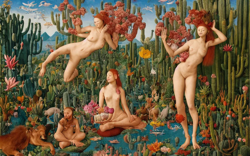 Image similar to a portrait photograph of a meditating mermaid werewolf and a centaur prince feeding tropical animals at a wide river delta. surrounded by bulbous flowers, animals, trees and cacti. mountain range under a vast blue sky of burning stars. painted by jan van eyck, max ernst, ernst haeckel and artgerm, cgsociety, artstation, fashion editorial