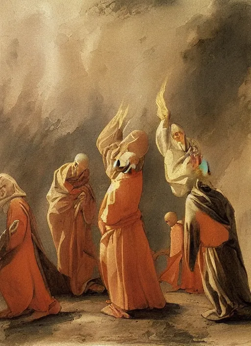 Image similar to elisabeth louise vigee - le brun painting of monks in raising new magical glowing spirit, old master painting,