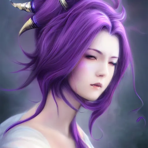 Prompt: beautiful anime woman with purple hair, a horn! on her forehead, a horn on her head, one horn, a single horn, purple eyes, a purple tuxedo, sharp focus, intricate, cell shaded, award winning photography, cinematic, digital painting, cinematic, wlop, 8 k, by ross tran, tom bagshaw