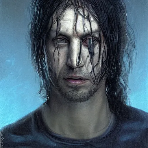 Image similar to surreal portrait of a man by Greg Rutkowski and H.R Giger, he is about 30 years old, messy long black hair, tired appearance, roman nose, peaceful but sad and resigned expression, martyred as a biomechanical transhuman cyborg god, eyes glow electric blue, cosmic void background, frightening, fascinating, highly detailed portrait, digital painting, book cover, artstation, concept art, smooth, sharp foccus ilustration, Artstation HQ.