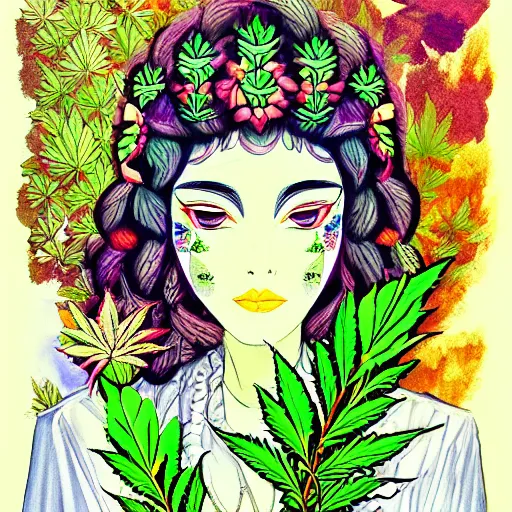 Prompt: goddess of plant medicine, and art detailed painting trending on pixiv, detailed illustration, stylized illustration, vivid colors cannabis