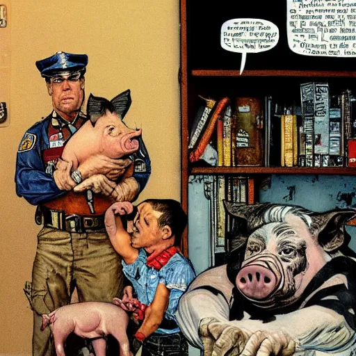 Image similar to hybrid of pig and nyc policeman, annoyed, ultra detailed, rule of thirds, style of norman rockwell, style of richard corben.