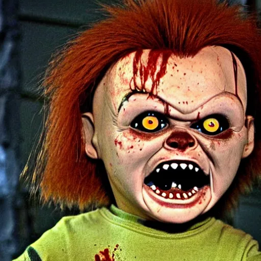 Image similar to Chucky doll, horror, creepy, distorted, evil, haunting, imploded