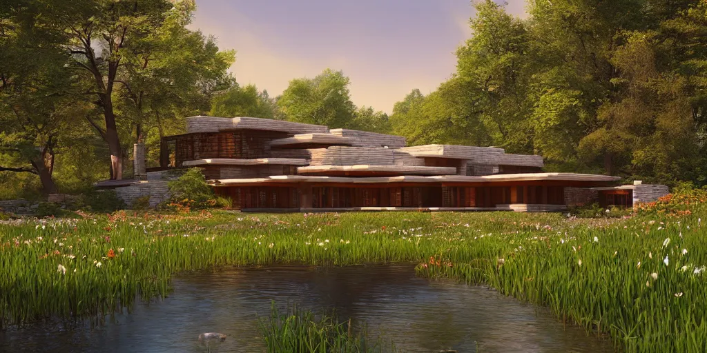 Prompt: cottagecore illustration of a Frank Lloyd Wright house in a meadow by stream in Spring, Pixar and Disney animation, sharp, Rendered in Unreal Engine 5, art by Greg Rutkowski, Bloom, dramatic lighting, sunrise