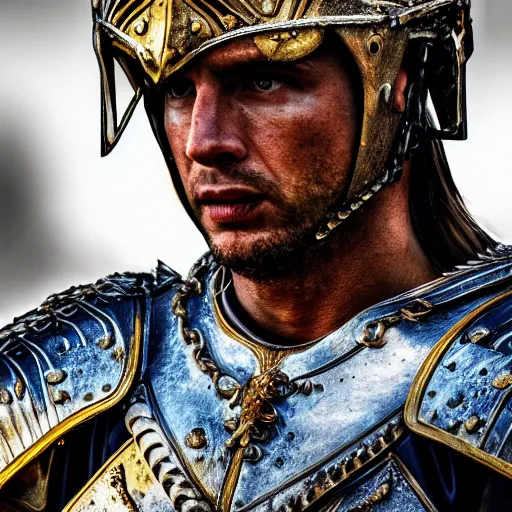 Image similar to portrait of cristano ronaldo wearing heavy shiny armor, gladiator style, clouded, detailed, intricate, realistic, hdr, 8 k