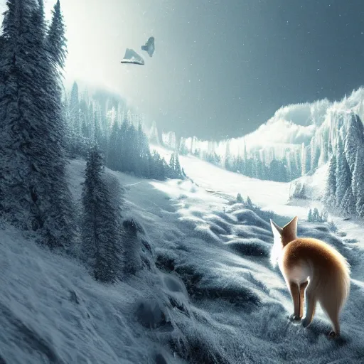 Image similar to alien ice fox walking through mountains, amazing landscape, 8k, digital art