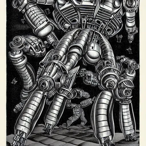 Image similar to combat mecha by m. c. escher, h. r. giger