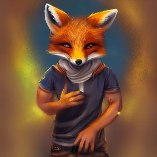 Image similar to A fox wearing a t-shirt and jeans, trending on FurAffinity, energetic, dynamic, digital art, highly detailed, FurAffinity, digital fantasy art, FurAffinity, favorite