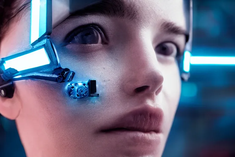 Image similar to VFX movie of a cyborg hacker closeup portrait in high tech compound, beautiful natural skin neon lighting by Emmanuel Lubezki