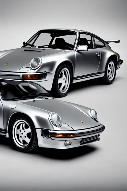 Prompt: Photo of a silver Porsche 911 Carrera 3.2, daylight, dramatic lighting, award winning, highly detailed, 1980s Versace ad, Fashion photography