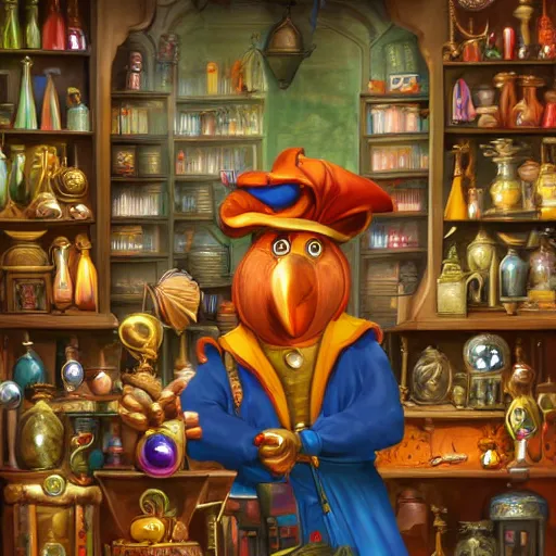 Image similar to Anthropomorphized parrot trader in his shop, shelves full, selling a gem, portrait, items, magic potions, carpet, window, intricate Renaissance hat, sly expression , cunning expression, cute expression, presenting magic gem, D&D, fantasy, cinematic lighting, highly detailed, digital painting, artstation, concept art, smooth, sharp focus, illustration, warm light, cozy warm tint, magic the gathering artwork, volumetric lighting, 8k, no gold, no gold colours, art by Akihiko Yoshida, Greg Rutkowski