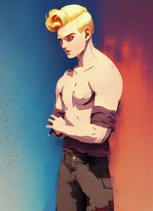 Prompt: young blonde beautiful male boy drawign graffiti on a wall, heroic, glorious, in the style of artgerm, gerald brom, atey ghailan and mike mignola, vibrant colors and hard shadows and strong rim light, plain background, comic cover art, trending on artstation