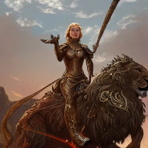 Prompt: full figure ultra realistic illustration, cersei lannister wearing battle armor and riding a lion, intricate, elegant, highly detailed, digital painting, artstation, concept art, smooth, sharp focus, illustration, art by artgerm and greg rutkowski and alphonse mucha
