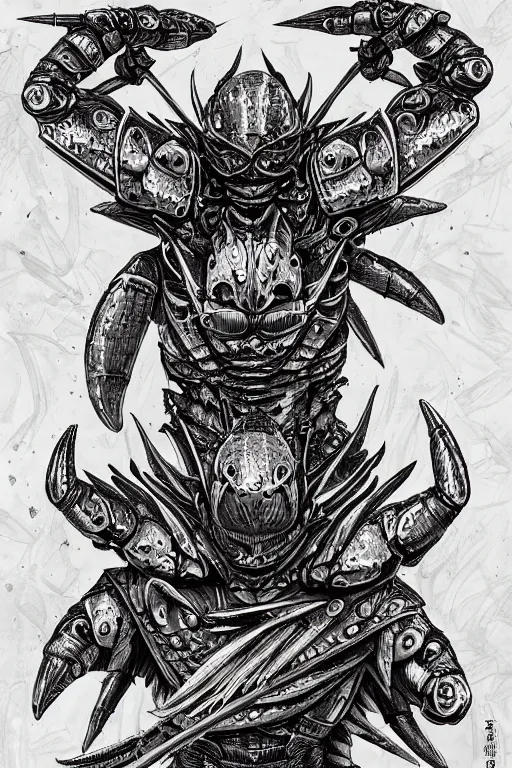 Image similar to human warrior, crab themed armour, crab claws symmetrical, highly detailed, digital art, needles, sharp focus, trending on art station, kentaro miura manga art style