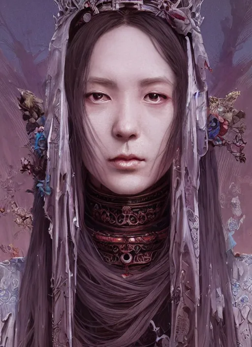 Prompt: highly detailed face portrait of majestic undead queen, stephen bliss, unreal engine, wuxia art by greg rutkowski, loish, rhads, ferdinand knab, makoto shinkai and lois van baarle, ilya kuvshinov, rossdraws, tom bagshaw, alphonse mucha, global illumination, radiant light, detailed and intricate environment