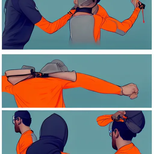 Image similar to goose being zipped - up by man in orange shirt, artstation