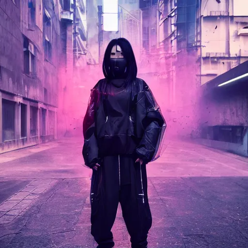 Prompt: asian woman full body instagram photo on street, wearing cyberpunk techwear streetwear clothes, wearing transparent glass mask, chrometype aesthetics, highly detailed, by andrew chiampo, beeple, artstation, and frederik heyman, extremely detailed woman, stunning volumetric lighting, hyper realism, fantasy, intricate