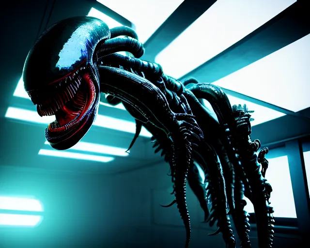 Image similar to 2 8 mm closeup portrait of a wet slimy dripping black metallic chrome lovecraft xenomorph alien with glowing eyes in science fiction spaceship hallway, dramatic lighting, octane, blue lights, lens flare, industrial, dirty, trending on artstation, golden ratio, h. r. giger, mist, action, volumetric lighting