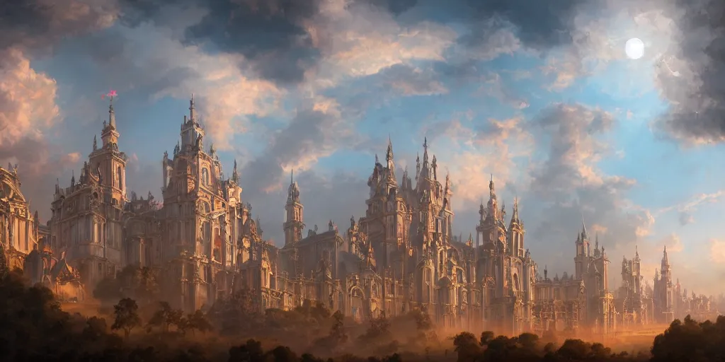 Image similar to a rococo palace in sky, with a gigantic futuristic church, clouds and towers, fortress, morning, andreas rocha, artstation, matte painting