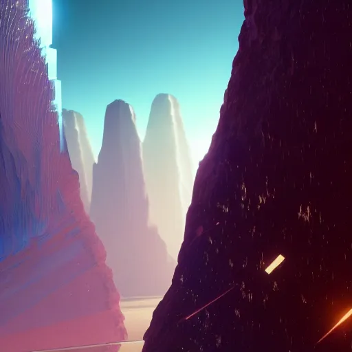 Image similar to four huge angular vertical floating complex translucent crystals in the desert, reflection from the crystal is sparkling due to sun, small retro starship in the sky, futuristic hi-tech details, art by anthony macbain + greg rutkowski + alphonse mucha, concept art, 4k, sharp focus, cinematic render unreal engine
