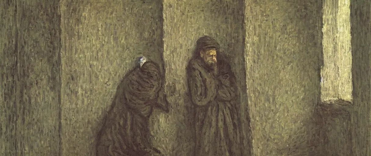 Prompt: a medieval monk very drunk and depressed in his cell; a painting by Claude Monet