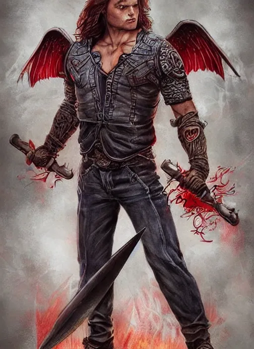 Prompt: front Sam Winchester is a muscular armoured angel holding swords angei wings wide open, teared apart T-Shirt and jeans, red Sneakers, whole body tattooed with runes and satanic symbols, D&D!, fantasy style, sharp focus!, ultra detailed, art by Artgerm and Peter Andrew Jones, WLUP