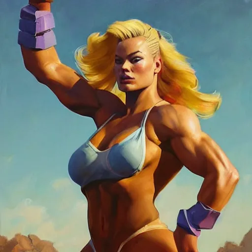 Prompt: greg manchess portrait of margot robbie as thick female bodybuilder zarya from overwatch in disco elysium, epic grimdark, fantasy, medium shot, asymmetrical, profile picture, organic painting, sunny day, matte painting, bold shapes, hard edges, street art, trending on artstation, by huang guangjian and gil elvgren and sachin teng